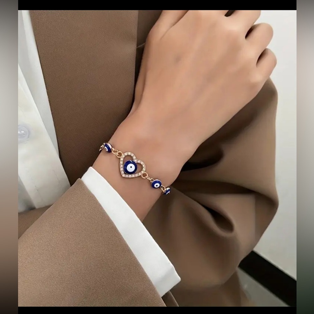 Elegant GREEK Blue 🧿 EVIL EYE Dripping HALLOW HEART GOLDEN Bracelet NEW 14KT G.P